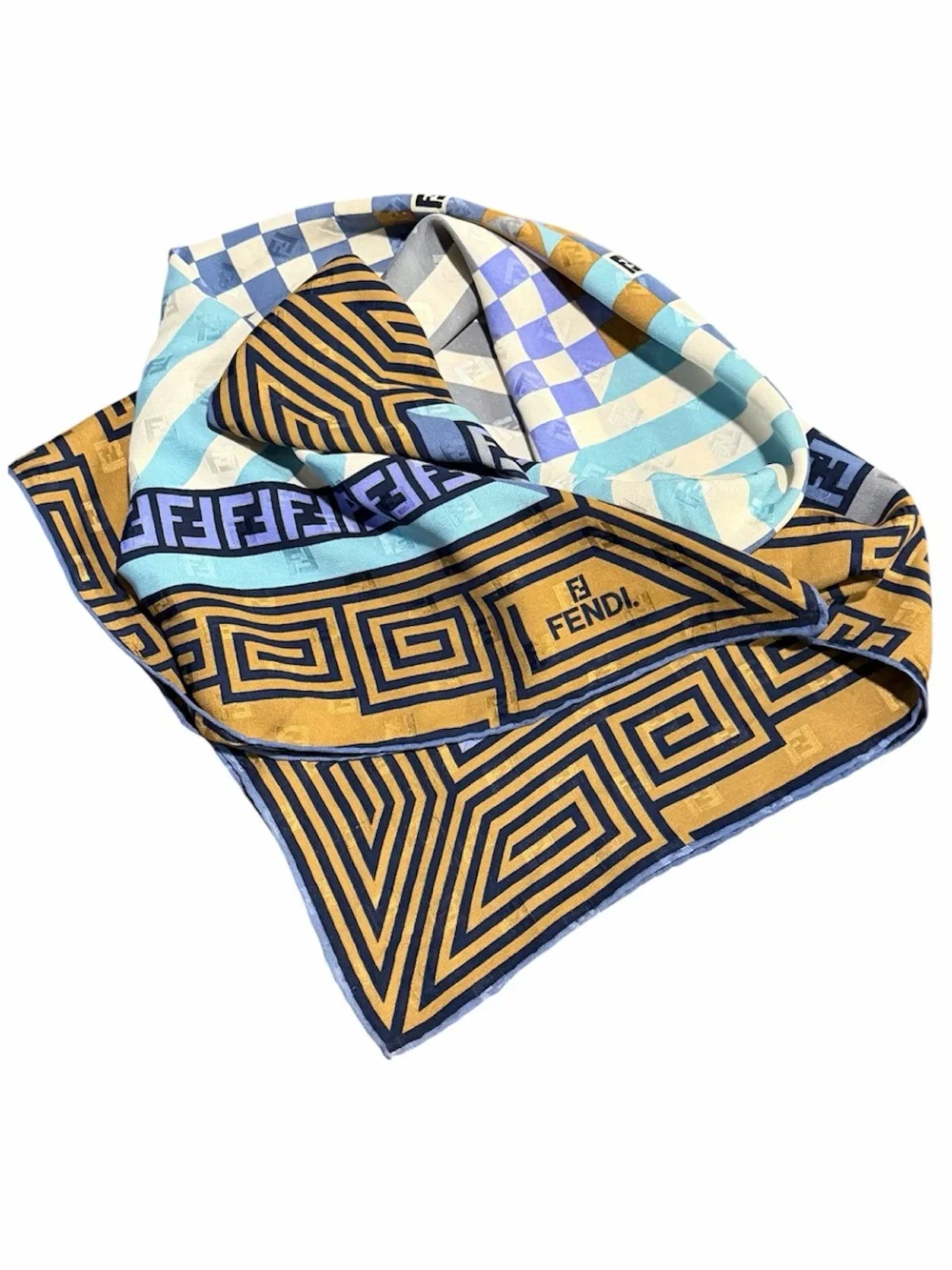 FENDI Vintage Zucca FF Logo Geometric Silk Square Scarf AUTHENTIC